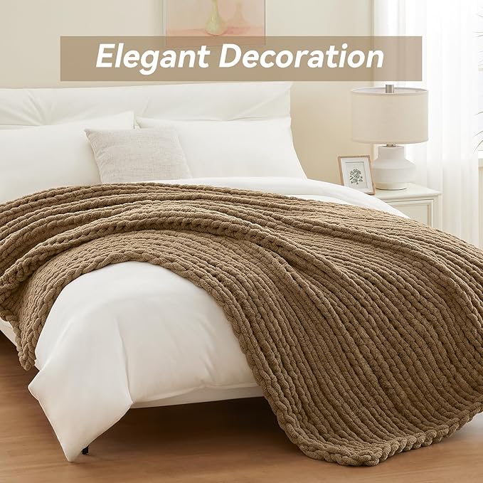 Negwoo Chunky Knit Throw Blanket, 30''*40'' Knitted Throw Chenille Yarn for Bed Couch, Handmade Light Brown Crochet Big Thick Blanket, Machine Washable Cute Comfy Blanket for Home Decor