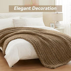 Negwoo Chunky Knit Throw Blanket, 80''*90'' Knitted Throw Chenille Yarn for Bed Couch, Handmade Light Brown Crochet Big Thick Blanket, Machine Washable Cute Comfy Blanket for Home Decor
