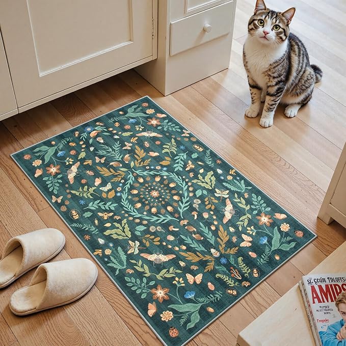 Lahome Chloe Insect Botanical 2x3 Kitchen Rugs for Entryway, Washable Small Green Door Mat Indoor Entrance, Soft Non-Slip Indoor Throw Carpet for Bathroom Bedroom Laundry(Dark Green,2x3)