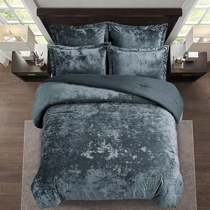 Fredsure Distressed Velvet Comforter Set, 5 Pieces Smoke Blue Queen, Distressed Velvet Face and Brushed Microfiber Reverse