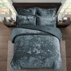 Fredsure Distressed Velvet Comforter Set, 5 Pieces Smoke Blue Queen, Distressed Velvet Face and Brushed Microfiber Reverse