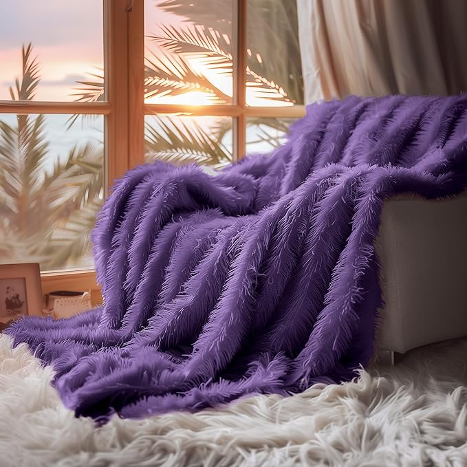 Hyde Lane Purple Fuzzy Throw Blanket, 2 Way Reversible Ultra Soft Long Faux Fur Throws, Shaggy Cozy Fluffy Blankets for Couch Sofa Home Decor, 60x80