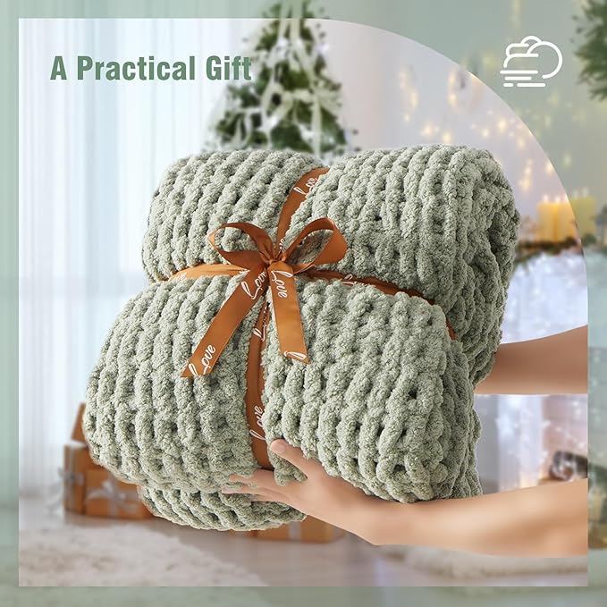 YJLMLY Chunky Knit Throw Blanket,60x80 Inch Heavy 6.8lbs, Hand Knit Chenille Couch Blanket, Soft Cable Knit Gift for Women Mom Wife, Modern Home Decor