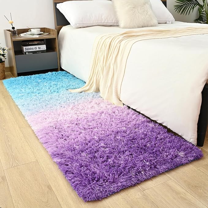 Purple Blue Area Rugs for Bedroom Living Room, 2x6 Feet Fluffy Bedside Rugs, Cute Carpet Rug for Kids Room Nursery, Furry Gradient Rugs for Girls Boys Dorm Room Home Decor