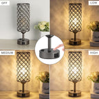 Hong-in Gray Crystal Lamp Touch Control Set of 2, Crystal Table Lamps with USB C+A Ports & AC Outlet, 3-Way Dimmable Nightstand Touch Lamp, Modern Bedside Table Lamp for Bedroom(Bulbs Included)