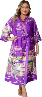 Women's Floral Long Satin Robes Plus Size Long Silk Robes Peacock Floral Kimonos Sleepwear Dressing Gown