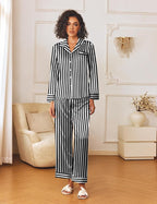 Ekouaer Womens Silk Satin Pajama Sets 2 Piece Sleepwear Pjs Set Long Sleeve Button Down Top and Pants Stripe Loungewear S-XXL