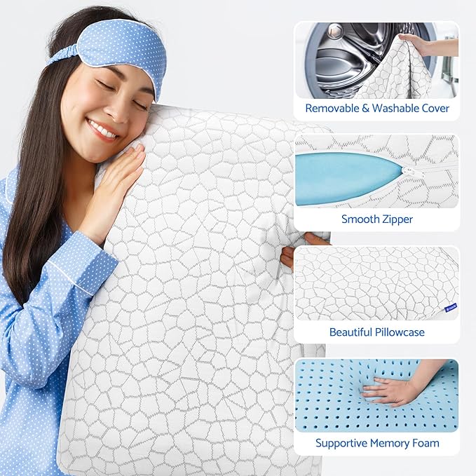 CushZone Memory Foam Pillows for Sleeping, Bed Pillow with Removable and Machine Washable Cover, Bed Pillow for Side, Back and Stomach Sleepers, King Size (2 Pack)