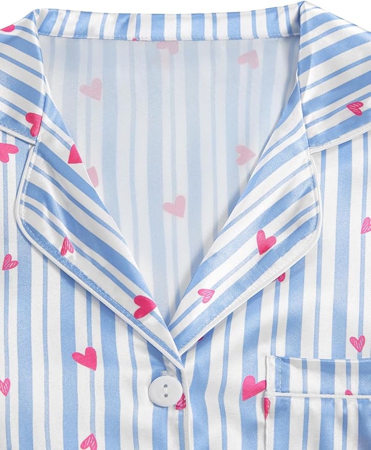 LYANER Women's Silky Satin Pajamas Set Short Sleeve Button Down Shirt With Shorts Pjs Set Sleepwear