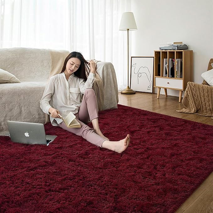 Burgundy Red Area Rug 8x10 Large Rugs for Living Room Bedroom, Fluffy Soft Rug Modern Carpets for Kids Room, Non-Skid Rectangular Indoor Rug for Girls Boys Playroom Nursery Room Home Decor