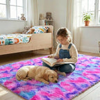 junovo 3x5 Washable Area Rug for Girls Bedroom, Tie-Dyed Hot-Pink Soft Non-Slip Fluffy Bedside Rugs, Shag Plush Memory Foam Carpet for Kids Room Baby Nursery Home Decor Aesthetic
