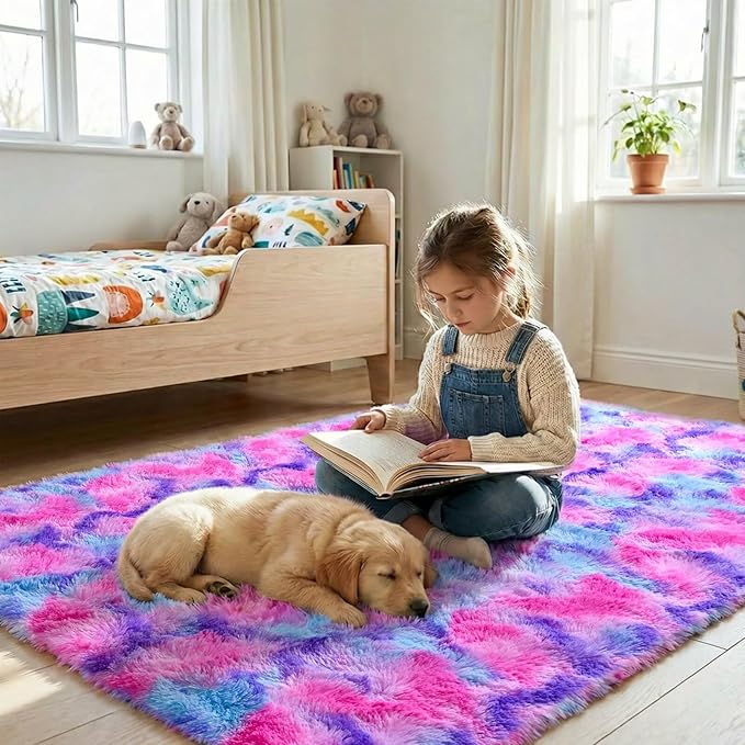 junovo 3x5 Washable Area Rug for Girls Bedroom, Tie-Dyed Hot-Pink Soft Non-Slip Fluffy Bedside Rugs, Shag Plush Memory Foam Carpet for Kids Room Baby Nursery Home Decor Aesthetic