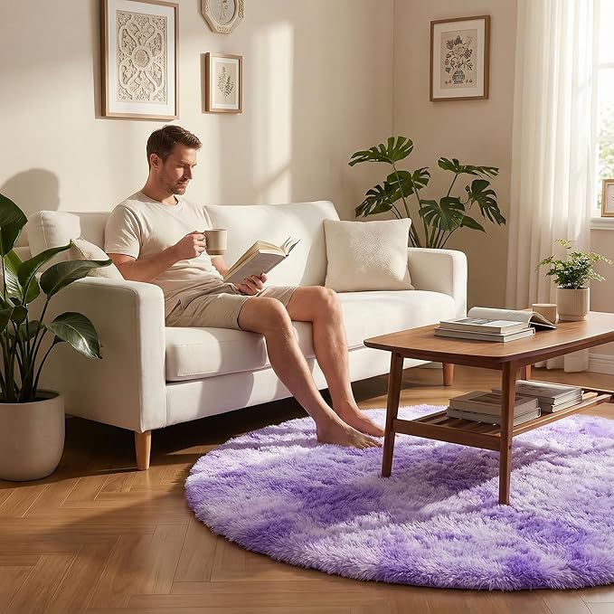 duduta Purple Plush Round Rug 4x4 ft, Tie Dye Fluffy Shag Rugs for Bedroom Classroom Nursery Playroom Dorm Decor, Washable Non Slip