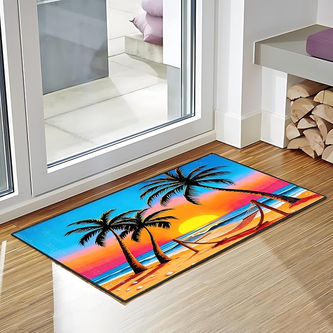 Coconut Palm Sunset Area Rug 2x3 ft Entry Rug Washable Boho Rugs Non Slip Low Pile Floral Door Mat Small Carpet for Bedroom, Bedside, Kids Room, Office, Dining Room