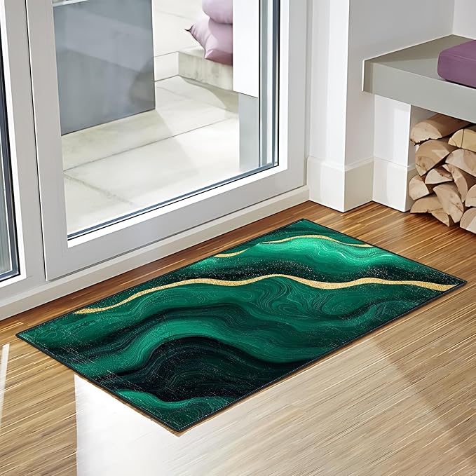 Green Marble Area Rug 2x3 ft Entry Rug Washable Boho Rugs Non Slip Low Pile Floral Door Mat Small Carpet for Bedroom, Bedside, Kids Room, Office, Dining Room