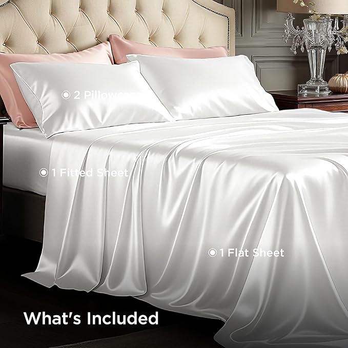 Bedsure White Satin Sheets King Size - 4 Piece Silky Bedsheets with 15 Inches Deep Pocket Fitted Bedsheet,1 Flat Sheet, 2 Satin Pillowcases, Good for Hair & Skin (King, White)