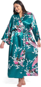 Women's Floral Long Satin Robes Plus Size Long Silk Robes Peacock Floral Kimonos Sleepwear Dressing Gown