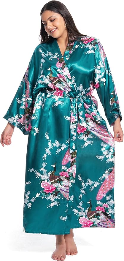 Women's Floral Long Satin Robes Plus Size Long Silk Robes Peacock Floral Kimonos Sleepwear Dressing Gown