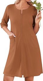 Ekouaer Women Zipper Robes Knee Length Waffle Knit Bathrobe Lightweight House Coat with Pockets 3/4 Sleeves Loungewear S-3XL
