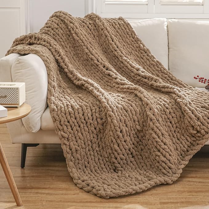 WESHIONGOO Chunky Knit Blanket Throw 51"×63" Knitted Throw Blankets for Couch Bed Fluffy Soft Blanket with Jumbo Chenille Yarn Thick 100% Handmade (Brown)