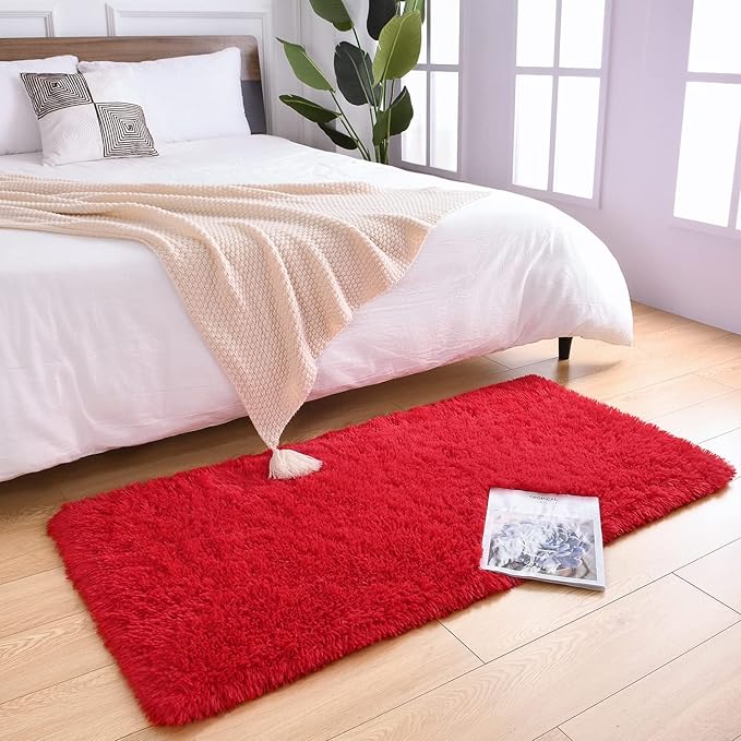 DETUM Red Shaggy Runner Rug 2x4 Fluffy Hallway Runners for Bedroom Bedside Soft Rugs for Kids Room Non-Slip Nursery Office Dorm Washable Carpets Home Decor
