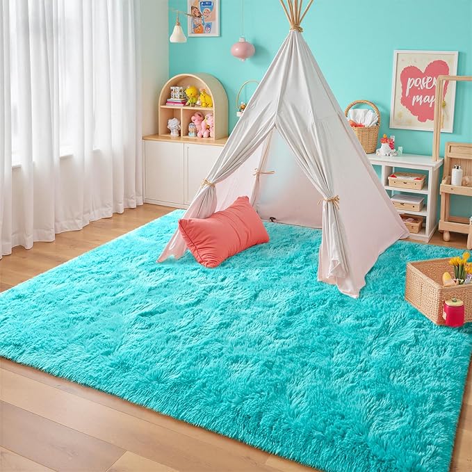junovo 6x9 Blue Washable Area Rug for Girls Bedroom Living Room, Soft Non-Slip Fluffy Rugs, Shag Plush Memory Foam Carpet for Kids Room Baby Nursery Home Decor