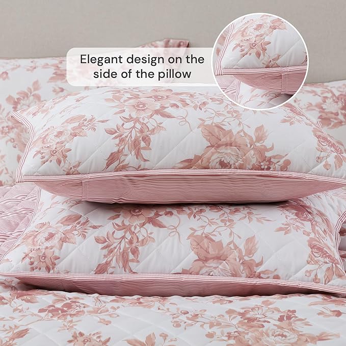BLOOMHAVEN Quilt Set Twin Size, Dusty Rose Floral Quilt Sets, Reversible Bedspread Lightweight and Breathable for All Seasons, Soft Quilted Bedspread with 1 Pillow Sham