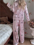 WDIRARA Women's 2 Piece Bowknot Print Satin Pajama Set Long Sleeve Button Down Lounge Pants Sleepwear Sets
