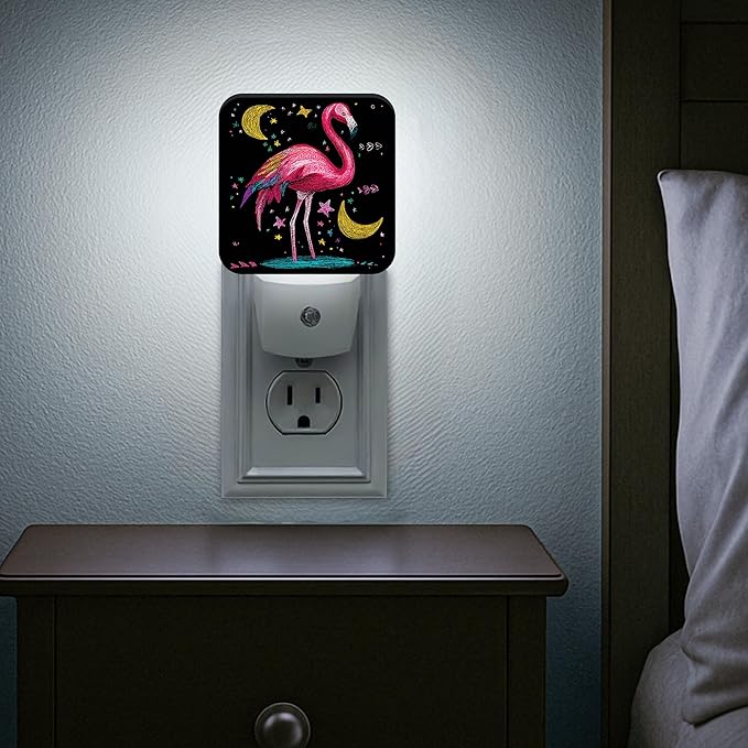 Tropical Bird Night Lights Plug Into Wall, Fanciful Playful Moon Stars Summer Peach Plug in Night Light with Dusk to Dawn Sensor for Living Room Family Room Bedroom Decor 2pcs