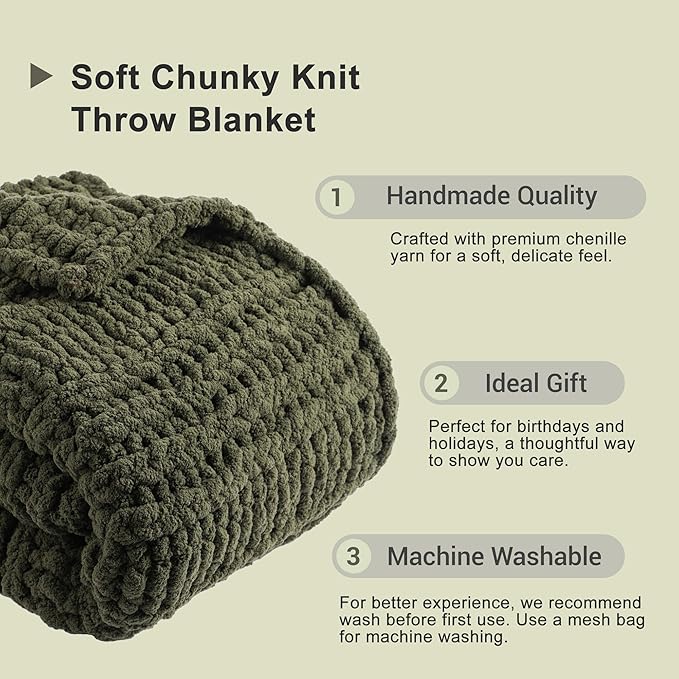 Battilo Chunky Knit Throw Blanket for Couch, Super Soft Warm Cozy Chenille Throw Blanket, Olive Green Blanket for Bed, Sofa, Living Room, 50"x60"