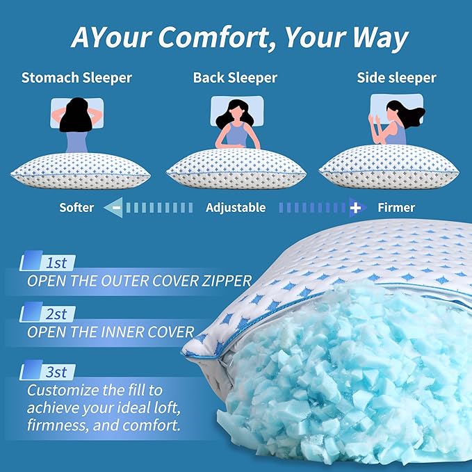 Memory Foam Pillow – Adjustable Loft Cooling Pillow Queen Size 1 Pack for Sleeping, Firm, Supportive, and Breathable Design for Hot, Side, Back, and Stomach Sleepers
