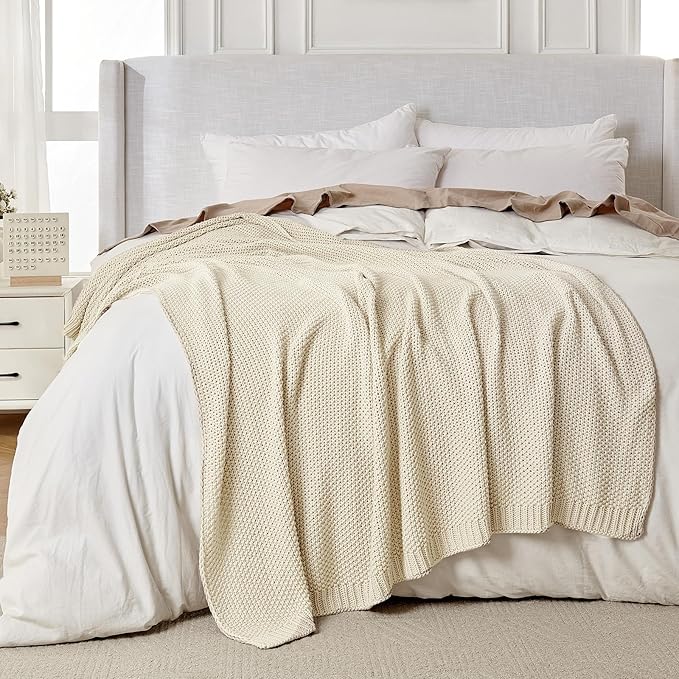 Joydeco Chunky Cable Knit Throw Blanket, Lightweight 100% Cotton Soft Cozy Throw Twin Blanket for Couch Bed and Sofa, Rustic Breathable Farmhouse Blanket Gift for Women Men(Cream White, 60"x80")