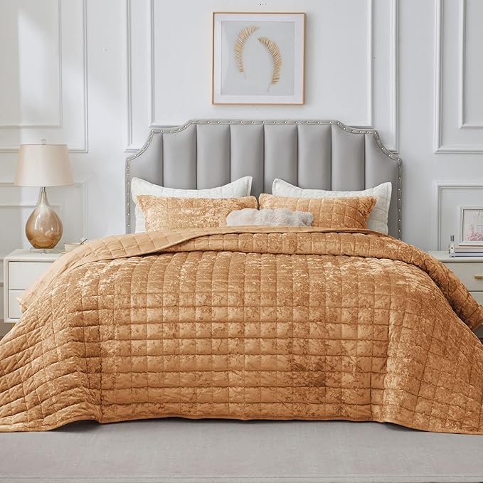 BEDELITE Velvet Quilt Set Queen Size - Luxury Velvet Comforter Bedding Set 3 Pieces, Lightweight Soft Cozy Shiny Rusty Burnt Orange Oversized Bedspread Coverlet for All Seasons with 2 Pillow Shams