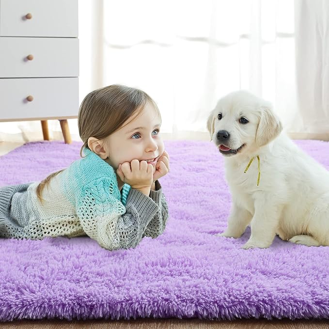 Softlife Light Purple Area Rug for Bedroom, Fluffy Shag Plush Rugs for Living Room Girls, Shaggy Throw Soft Fuzzy Small Kids Carpet for Dorm Bedside Ultra Cozy Non-Slip Indoor Decor, 4x5.3 Feet