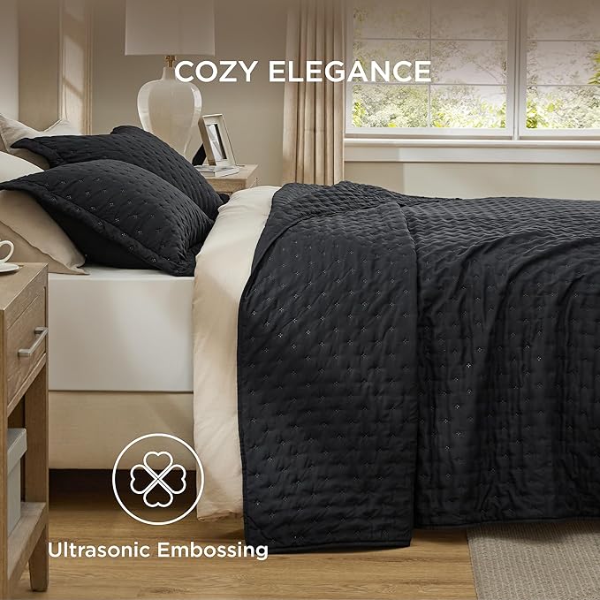 Bedsure Quilts Queen Size - Black Bedspread Queen Size & Lightweight Comforter, Modern Coverlet with Clover Pattern, Ultra Soft All-Season Bedding, 90 x 96 Inches | Stitch-Free Quilting, Ultra Soft, Lightweight, Machine Washable, Pet-Friendly