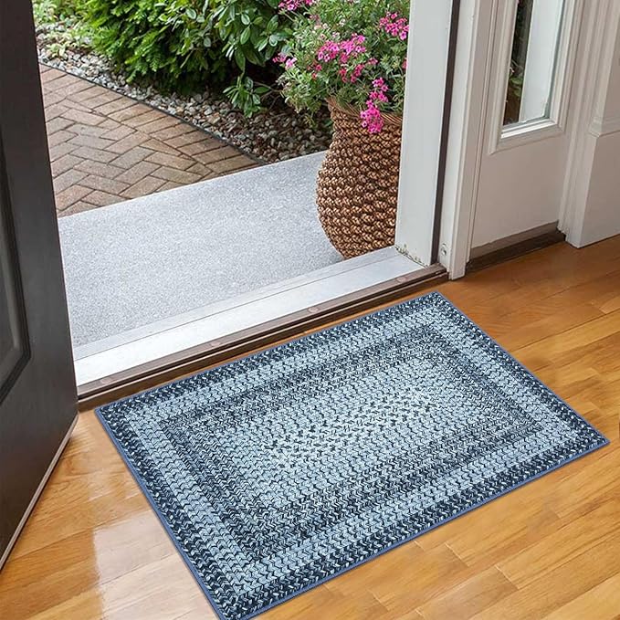 RUGSREAL 2x3 Entryway Rug Small Bedroom Area Rug Braided Printed Mat for Living Room Farmhouse Kitchen Mat Indoor Non Slip Rustic Throw Carpet Machine Washable Rug for Sink Under Table, Blue