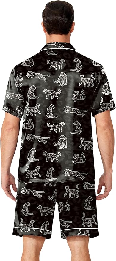 Ekouaer Mens Pajamas Set Silk Satin Sleepwear Short Sleeve Button Down Pjs Set 2 Piece Loungewear with Pockets S-XXL