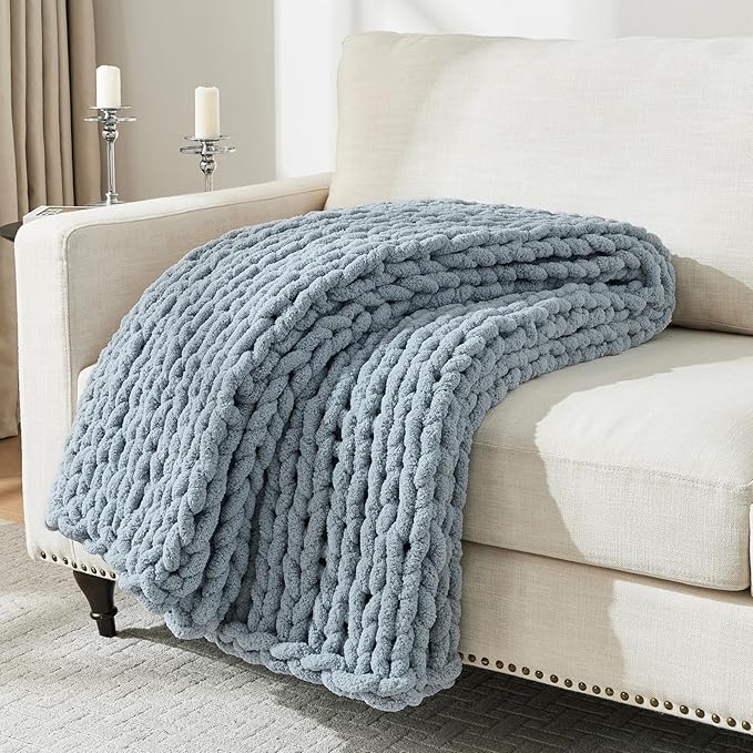 YAAPSU Chunky Knit Throw Blanket for Couch, 51"x63", 100% Hand Knitted Thick Cable Knit with Cozy Jumbo Chenille Yarn, Soft Large Rope Knot Crochet Blankets for Sofa Bed Living Room Décor, Fog Blue
