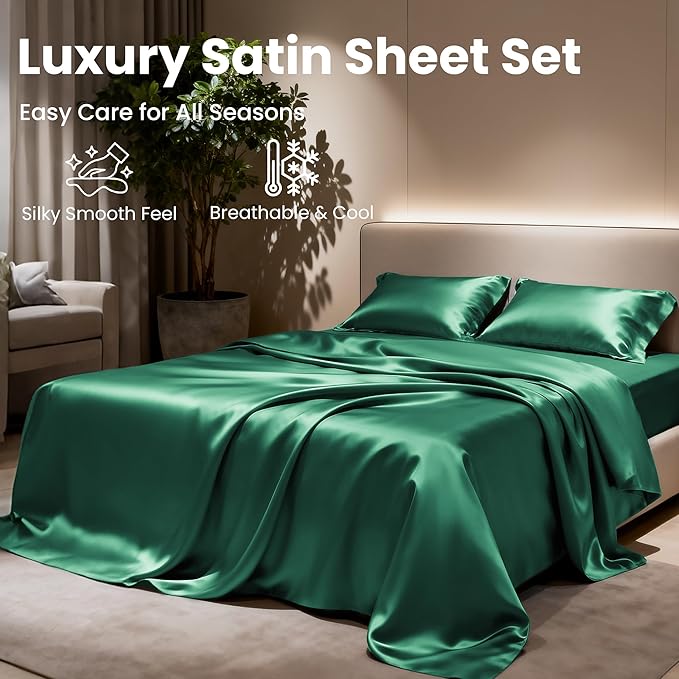 Love's cabin Satin Queen Sheets Set - 4 Piece Dark Green Silky Bed Sheets with Deep Pocket, Luxury Silk Feel Satin Queen Size Sheet Set (1 Flat Sheet,1 Fitted Sheet,2 Pillow Cases)