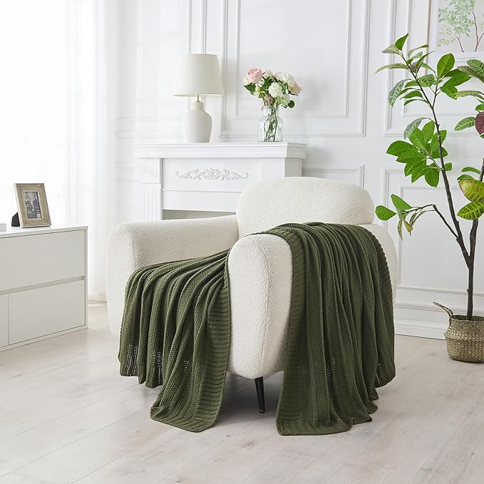Douceur Olive Green Throw Blanket for Bed, Soft Cozy Lightweight Stripe Pattern Knitted Throw Blanket for Sofa, Kids Room, Living Room, 60"X80"