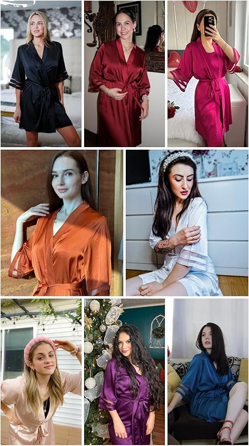 Ekouaer Women's Satin Robe Silk Kimono Bathrobe Bridesmaid Wedding Bridal Party Robes 3/4 Bell Sleeve Sleepwear S-XXL