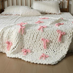 Mindsoft Pink Bow Chunky Knit Blanket Throw Large 50" X 60" 100% Handmade Cream Chenille Loop Yarn Fluffy Soft Knitted Throw Big Cozy Thick Cable Knit Crochet Blanket for Couch Sofa Bed