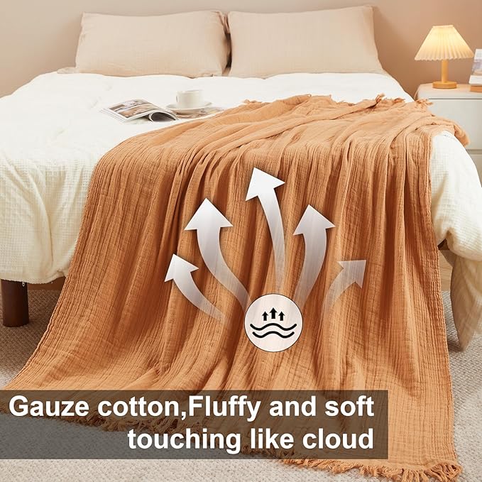 Cotton Muslin Throw Blanket with Tassels, Lightweight Woven Gauze, Pre-Washed Breathable Farmhouse Decor for Bed, Couch, All-Season Use (Tan, 50" x 60")