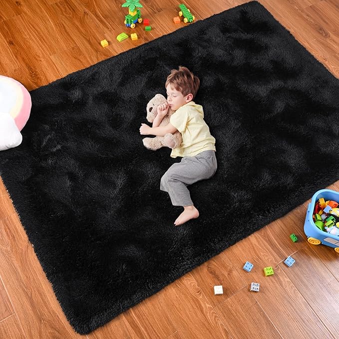 Softlife Area Rug for Living Room, Fluffy Shag Plush 5.3x7.6 Black Rugs for Bedroom Girls, Shaggy Soft Fuzzy Kids Large Carpet for Dorm Bedside Ultra Cozy Non-Slip Indoor Decor