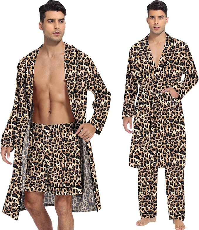 SWOMOG Men's Satin Robe 3 Pcs Silky Kimono Bathrobe Set Lightweight Soft Loungewear Nightwear