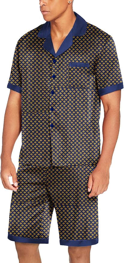 Ekouaer Men Satin Silk Pajamas Set with Pockets Sleepwear Shorts Satin Summer Loungewear 2 Piece Button Down Set S-3XL