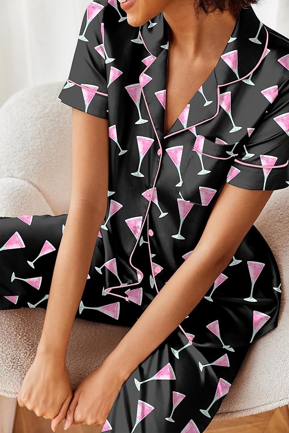 Ekouaer Silk Satin Pajamas Set Women Short Sleeve Sleepwear Soft Button Down Loungewear Pjs Set