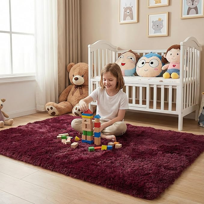duduta Burgundy Plush Rugs for Bedroom 3x5 ft, Fluffy Shag Rug for Dorm Nursery Bedside, Machine Washable Non Slip