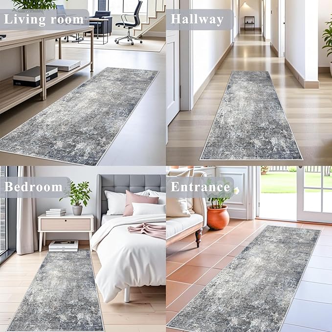 2x6 Non-Slip Washable Kitchen Runner Rug – Modern Coastal Abstract Carpet Runner for Hallway Bedroom Bathroom Laundry Room Entryway – Low-Pile Thin Rubber Backed (Blue Gray 2x6)