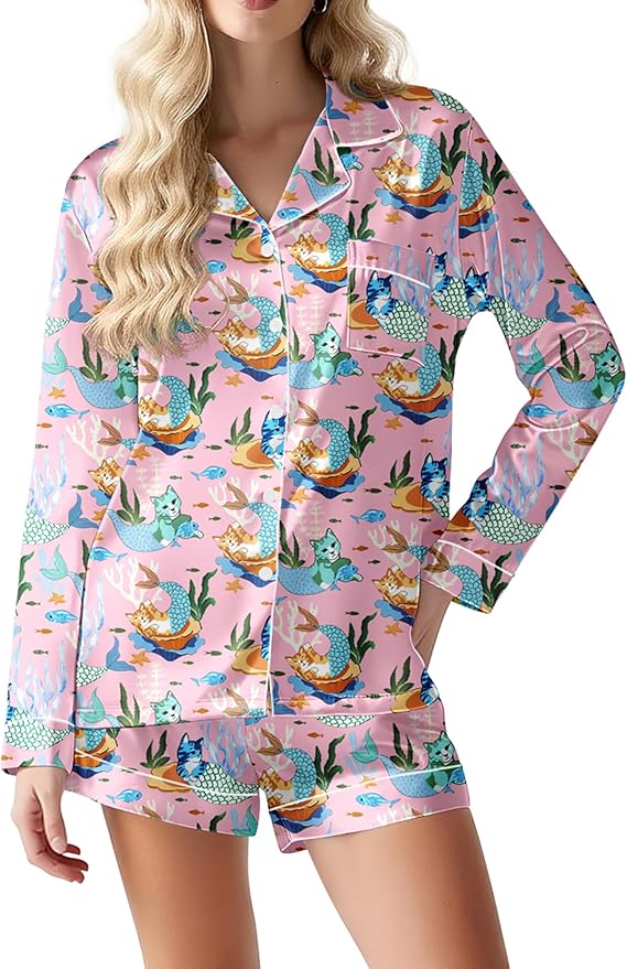 Ekouaer Satin Pajama Set for Women Button Down Pj Set Long Sleeve Top and Shorts 2 Piece Loungewear Summer Soft Sleepwear